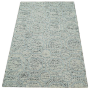 Beige and Silver Hand Hooked Modern Wool Area Rug