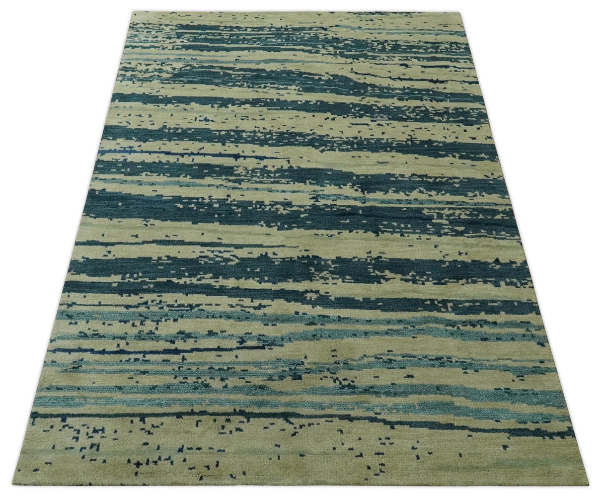 Beige and Teal Modern stripes Design Hand Knotted 5x7 wool Area Rug