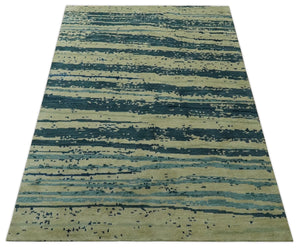 Beige and Teal Modern stripes Design Hand Knotted 5x7 wool Area Rug