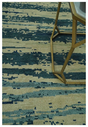 Beige and Teal Modern stripes Design Hand Knotted 5x7 wool Area Rug