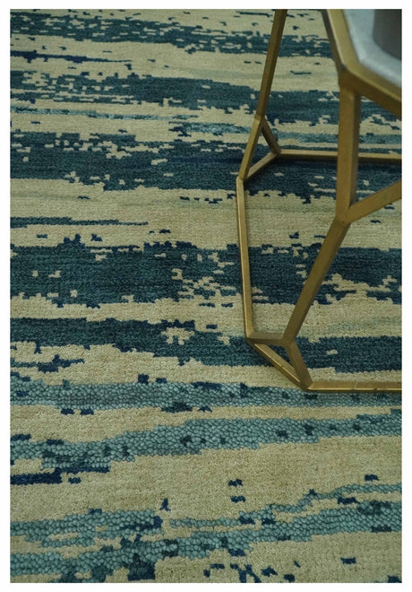 Beige and Teal Modern stripes Design Hand Knotted 5x7 wool Area Rug