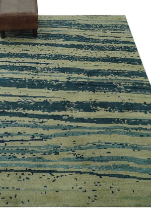 Beige and Teal Modern stripes Design Hand Knotted 5x7 wool Area Rug
