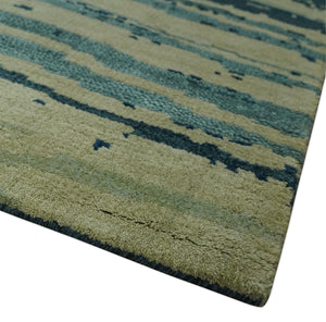Beige and Teal Modern stripes Design Hand Knotted 5x7 wool Area Rug