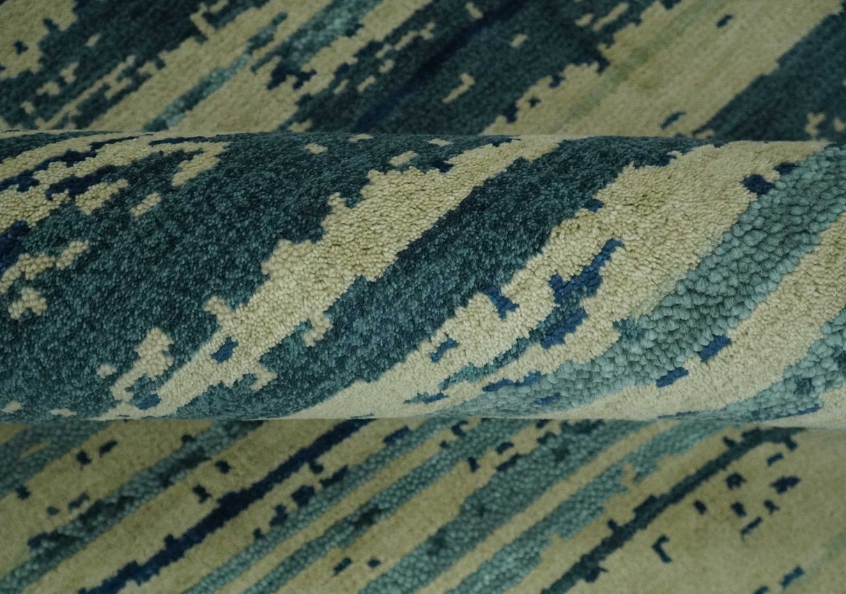 Beige and Teal Modern stripes Design Hand Knotted 5x7 wool Area Rug