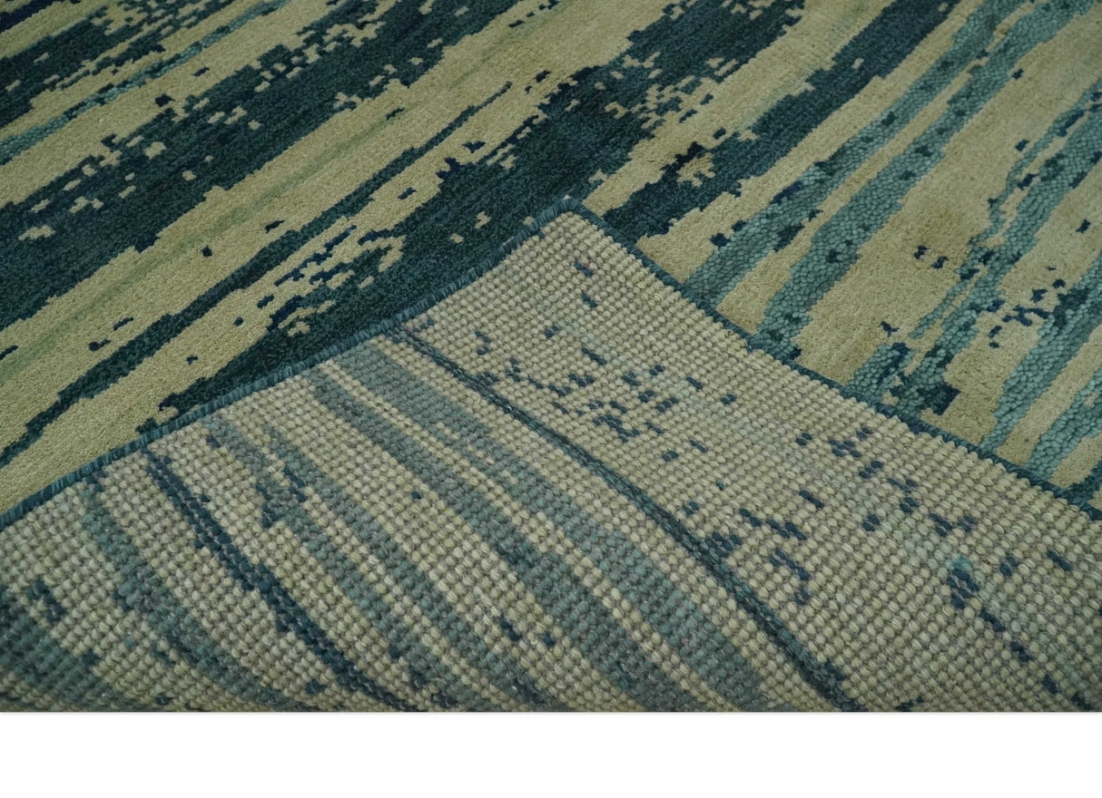 Beige and Teal Modern stripes Design Hand Knotted 5x7 wool Area Rug