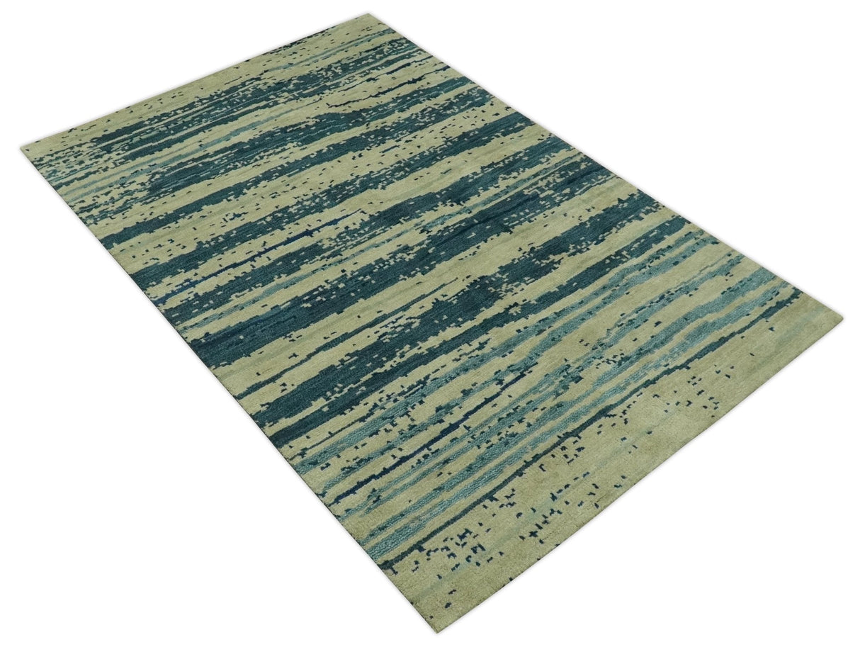 Beige and Teal Modern stripes Design Hand Knotted 5x7 wool Area Rug