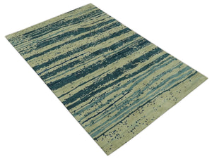 Beige and Teal Modern stripes Design Hand Knotted 5x7 wool Area Rug