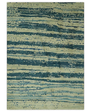 Beige and Teal Modern stripes Design Hand Knotted 5x7 wool Area Rug
