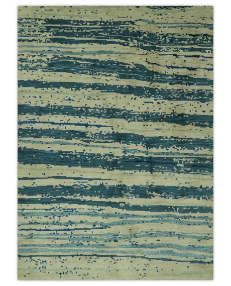 Beige and Teal Modern stripes Design Hand Knotted 5x7 wool Area Rug