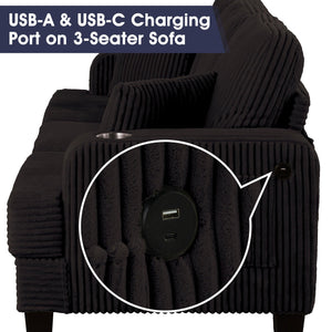 Black 3 Piece Set Comfy Sofa Couch 3-Seater & Loveseat Sofa with Storage Ottoman for Living Room with USB, Side Pockets, Pillows included