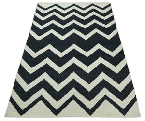 Black and Beige Outdoor Safe Hand Woven Dhurrie Rug Chevron Pattern