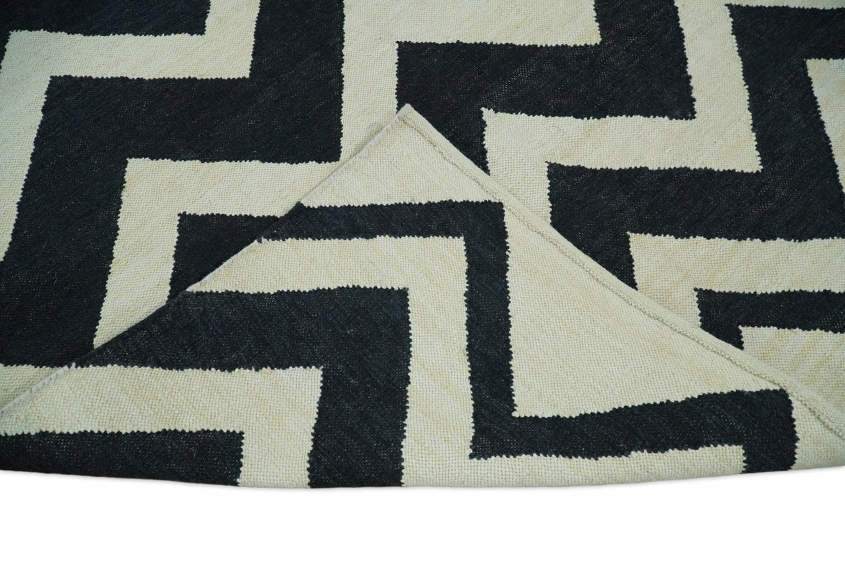 Black and Beige Outdoor Safe Hand Woven Dhurrie Rug Chevron Pattern