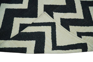 Black and Beige Outdoor Safe Hand Woven Dhurrie Rug Chevron Pattern