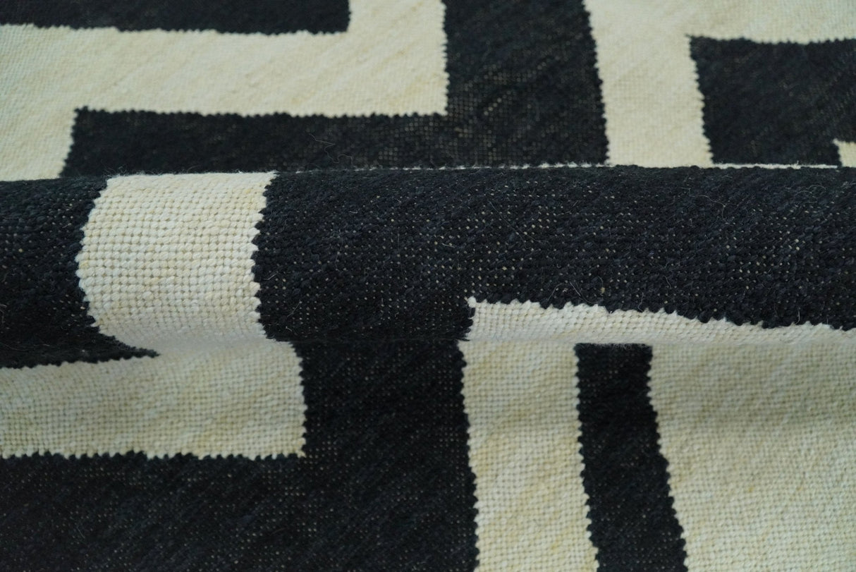 Black and Beige Outdoor Safe Hand Woven Dhurrie Rug Chevron Pattern