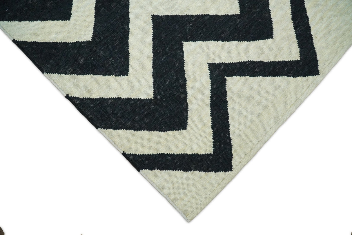 Black and Beige Outdoor Safe Hand Woven Dhurrie Rug Chevron Pattern