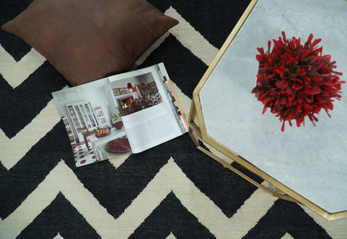Black and Beige Outdoor Safe Hand Woven Dhurrie Rug Chevron Pattern
