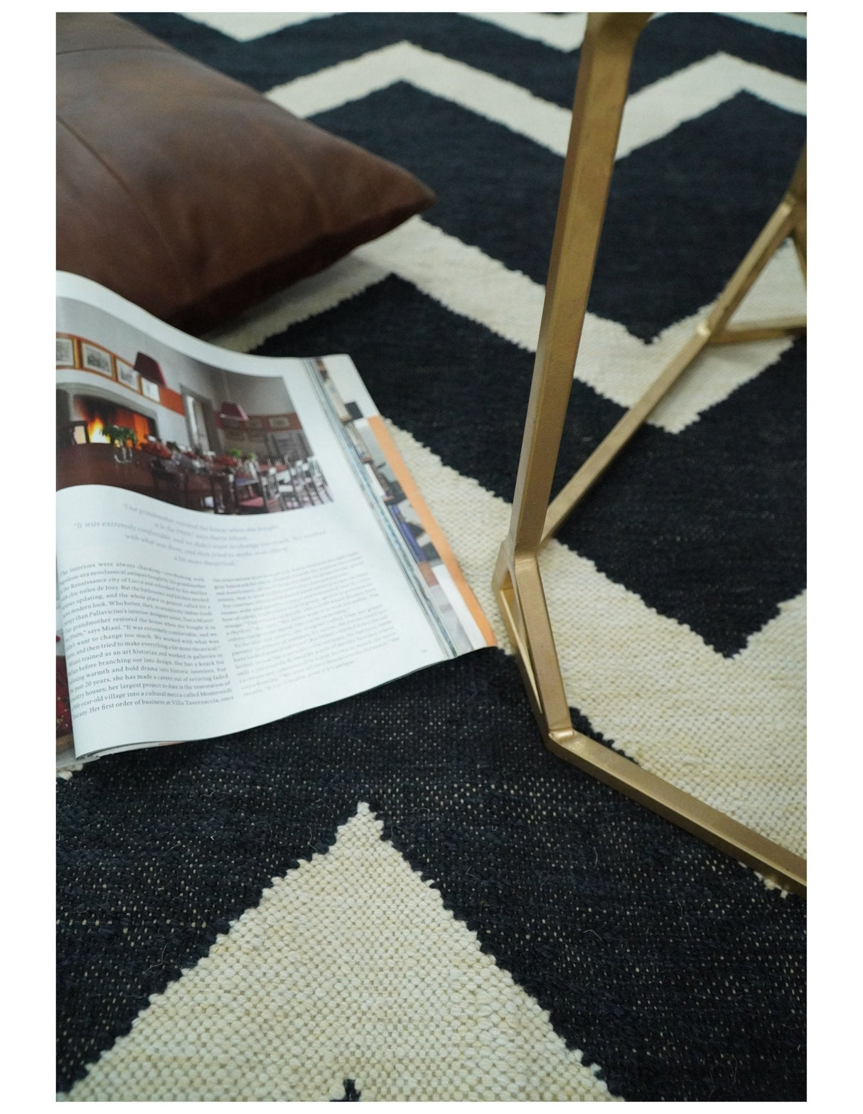 Black and Beige Outdoor Safe Hand Woven Dhurrie Rug Chevron Pattern