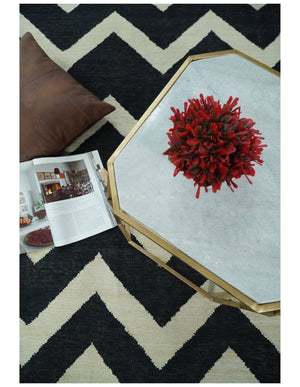 Black and Beige Outdoor Safe Hand Woven Dhurrie Rug Chevron Pattern