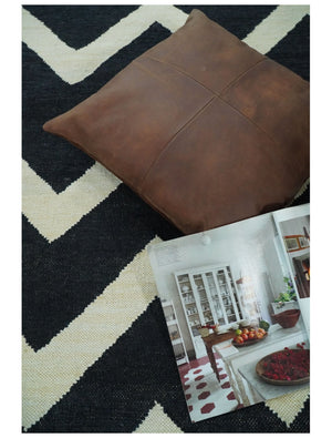 Black and Beige Outdoor Safe Hand Woven Dhurrie Rug Chevron Pattern