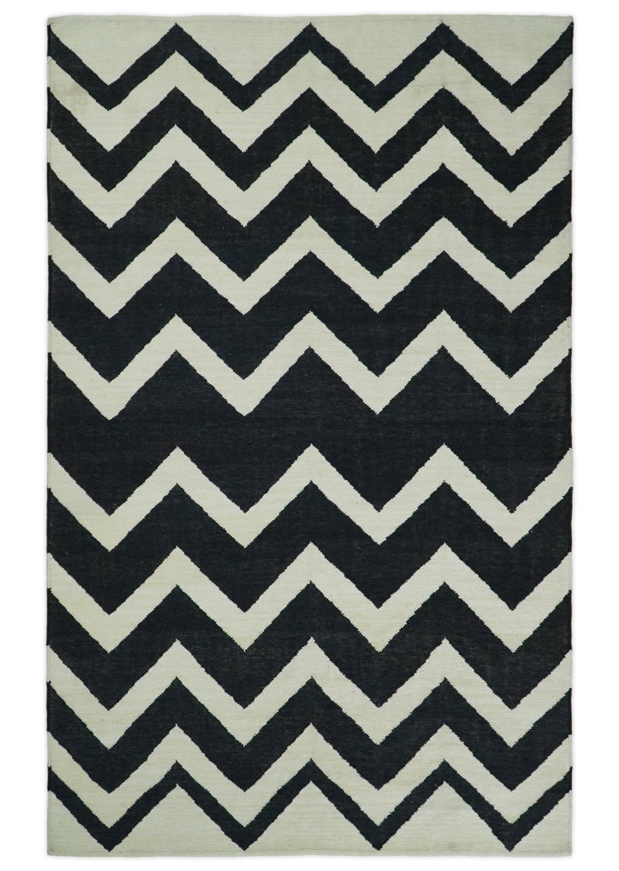 Black and Beige Outdoor Safe Hand Woven Dhurrie Rug Chevron Pattern