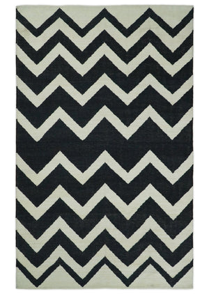 Black and Beige Outdoor Safe Hand Woven Dhurrie Rug Chevron Pattern