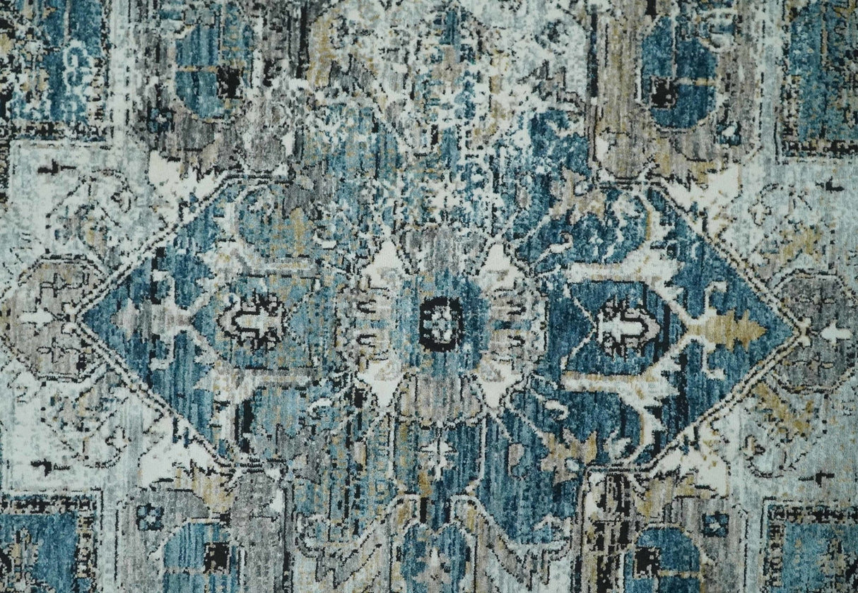 Blue, Beige and Black Antique Finish, Vintage look, Art Silk Area Rug, Living Room Rug | TRDMM1
