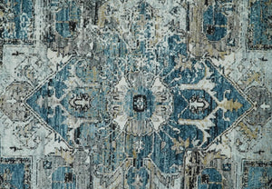 Blue, Beige and Black Antique Finish, Vintage look, Art Silk Area Rug, Living Room Rug | TRDMM1