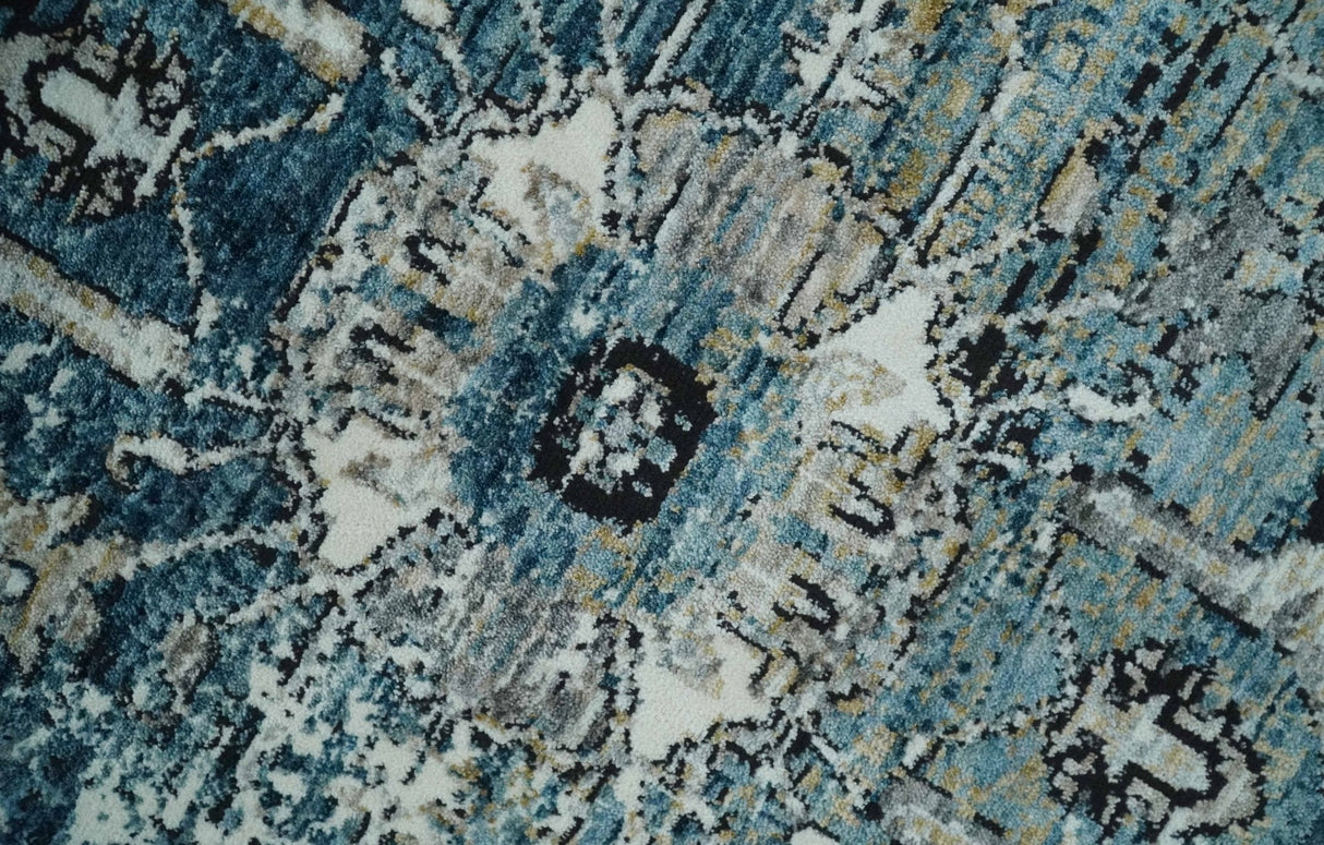 Blue, Beige and Black Antique Finish, Vintage look, Art Silk Area Rug, Living Room Rug | TRDMM1