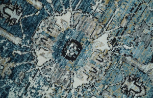 Blue, Beige and Black Antique Finish, Vintage look, Art Silk Area Rug, Living Room Rug | TRDMM1