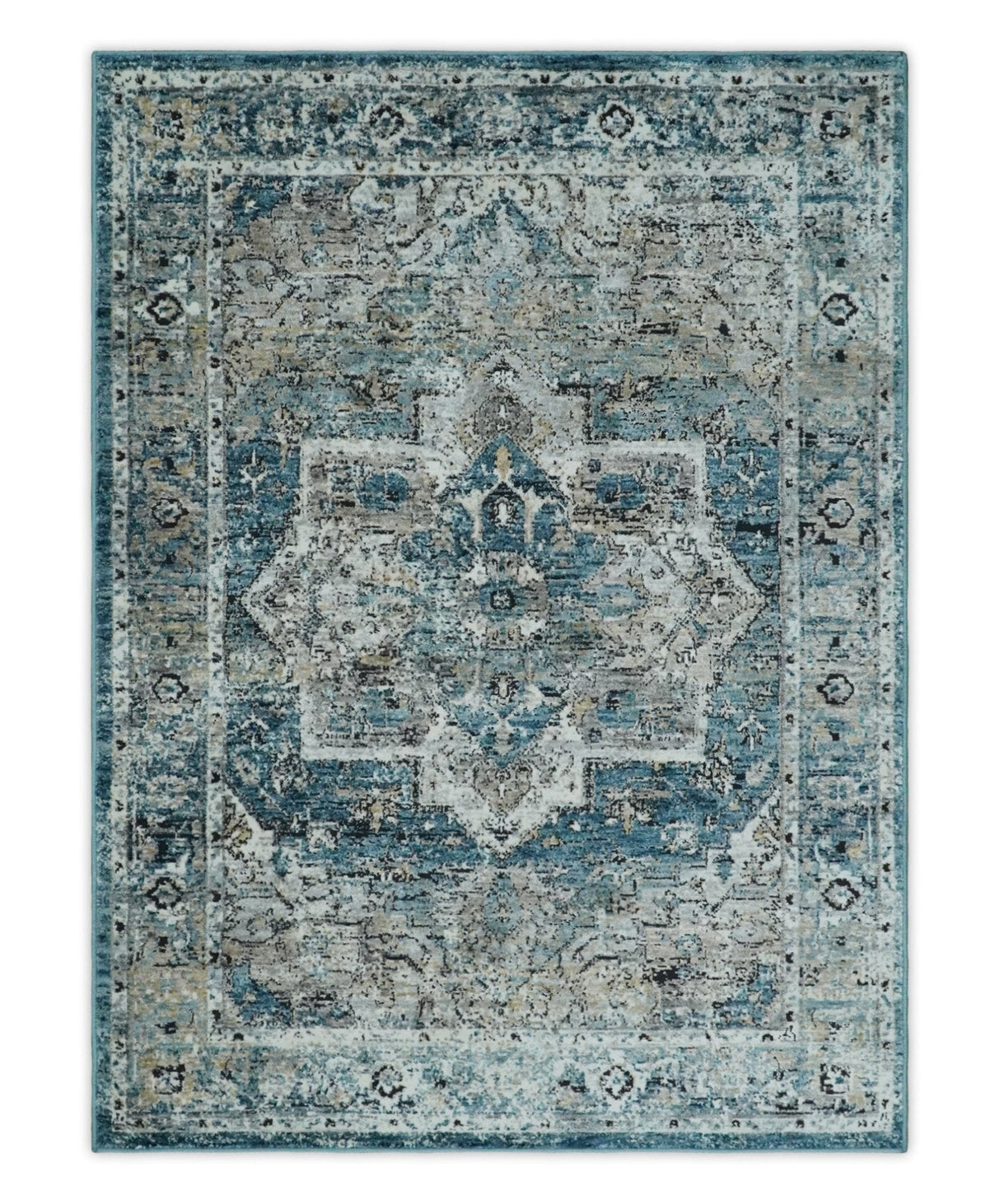 Blue, Beige and Black Antique Finish, Vintage look, Art Silk Area Rug, Living Room Rug | TRDMM1
