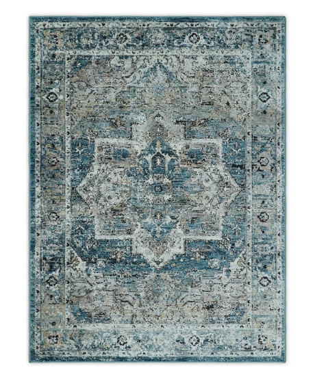 Blue, Beige and Black Antique Finish, Vintage look, Art Silk Area Rug, Living Room Rug | TRDMM1