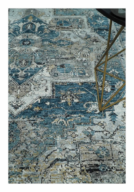 Blue, Beige and Black Antique Finish, Vintage look, Art Silk Area Rug, Living Room Rug | TRDMM1