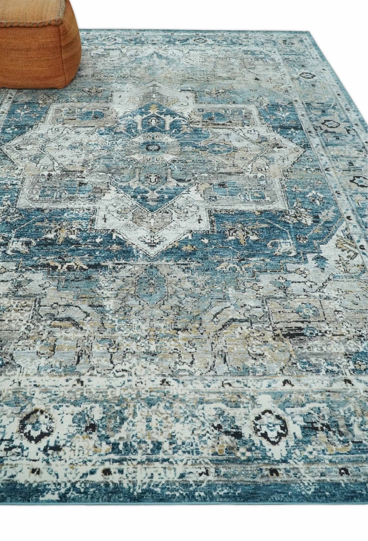 Blue, Beige and Black Antique Finish, Vintage look, Art Silk Area Rug, Living Room Rug | TRDMM1
