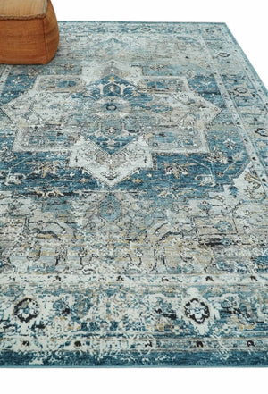 Blue, Beige and Black Antique Finish, Vintage look, Art Silk Area Rug, Living Room Rug | TRDMM1