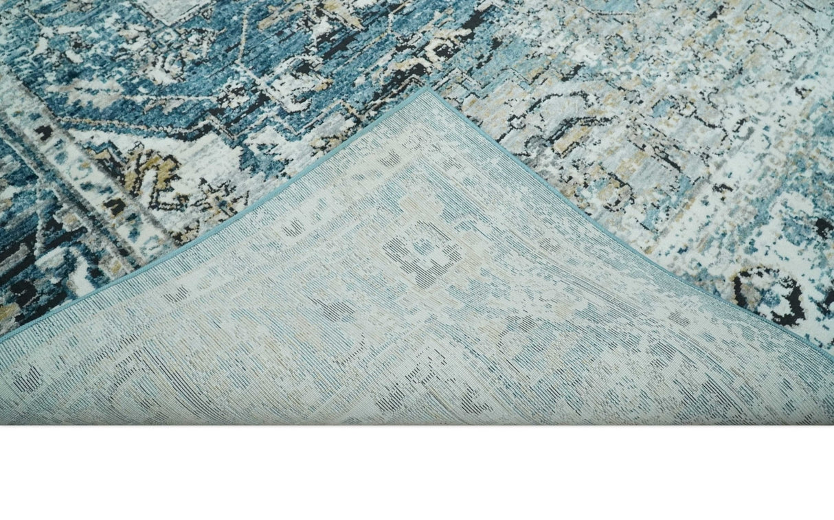 Blue, Beige and Black Antique Finish, Vintage look, Art Silk Area Rug, Living Room Rug | TRDMM1