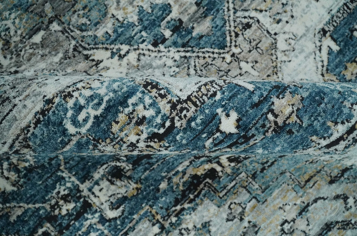 Blue, Beige and Black Antique Finish, Vintage look, Art Silk Area Rug, Living Room Rug | TRDMM1