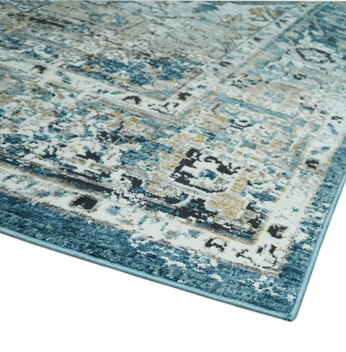 Blue, Beige and Black Antique Finish, Vintage look, Art Silk Area Rug, Living Room Rug | TRDMM1