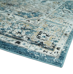 Blue, Beige and Black Antique Finish, Vintage look, Art Silk Area Rug, Living Room Rug | TRDMM1