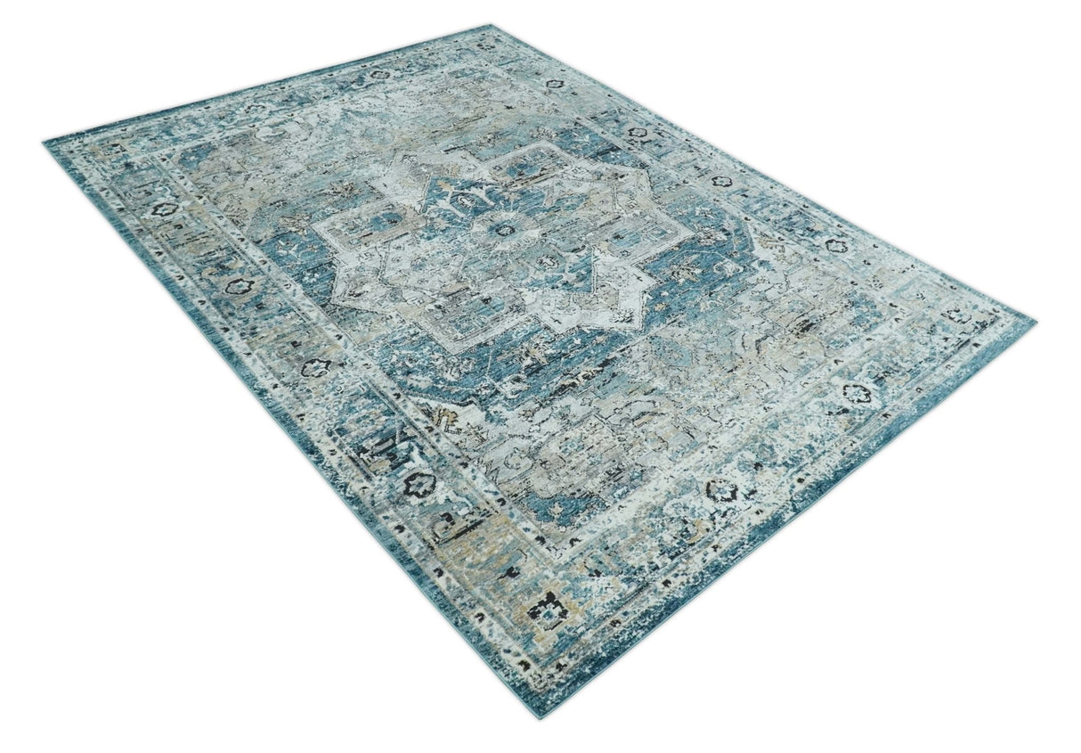 Blue, Beige and Black Antique Finish, Vintage look, Art Silk Area Rug, Living Room Rug | TRDMM1