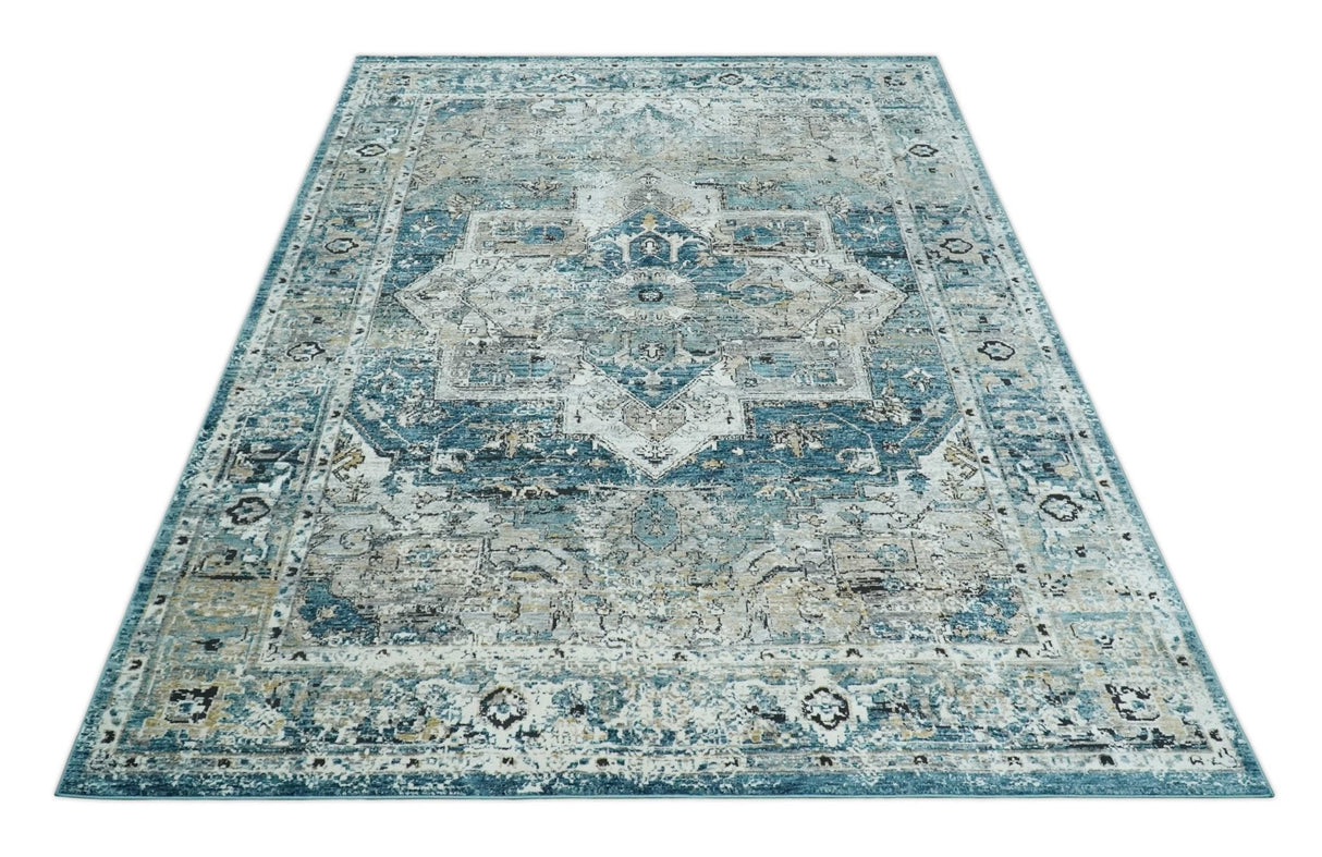 Blue, Beige and Black Antique Finish, Vintage look, Art Silk Area Rug, Living Room Rug | TRDMM1