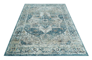 Blue, Beige and Black Antique Finish, Vintage look, Art Silk Area Rug, Living Room Rug | TRDMM1