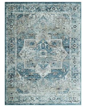 Blue, Beige and Black Antique Finish, Vintage look, Art Silk Area Rug, Living Room Rug | TRDMM1