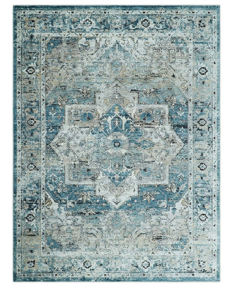 Blue, Beige and Black Antique Finish, Vintage look, Art Silk Area Rug, Living Room Rug | TRDMM1