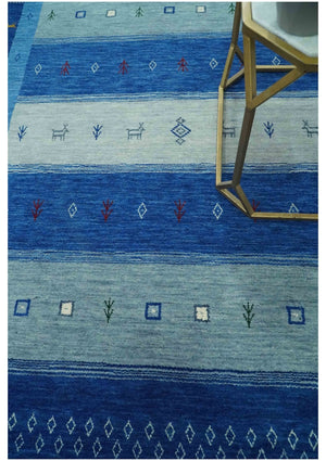 Blue, Gray and Silver Stripes design Hand loom Tribal Gabbeh Traditional 4.6x7 Wool Area Rug