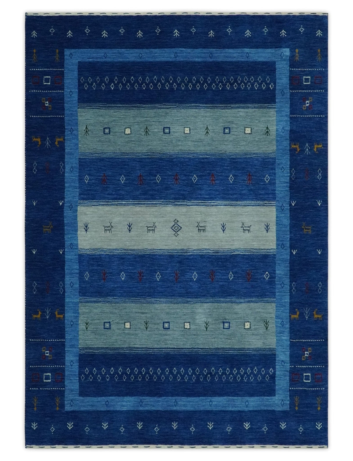 Blue, Gray and Silver Stripes design Hand loom Tribal Gabbeh Traditional 4.6x7 Wool Area Rug