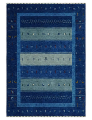 Blue, Gray and Silver Stripes design Hand loom Tribal Gabbeh Traditional 4.6x7 Wool Area Rug