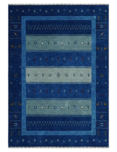 Blue, Gray and Silver Stripes design Hand loom Tribal Gabbeh Traditional 4.6x7 Wool Area Rug
