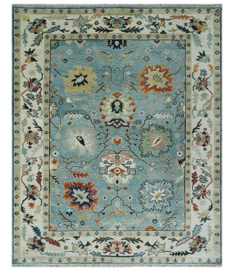 Blue, Ivory and Beige 8x10 and 9x12 Hand knotted Traditional Oushak Wool Area Rug