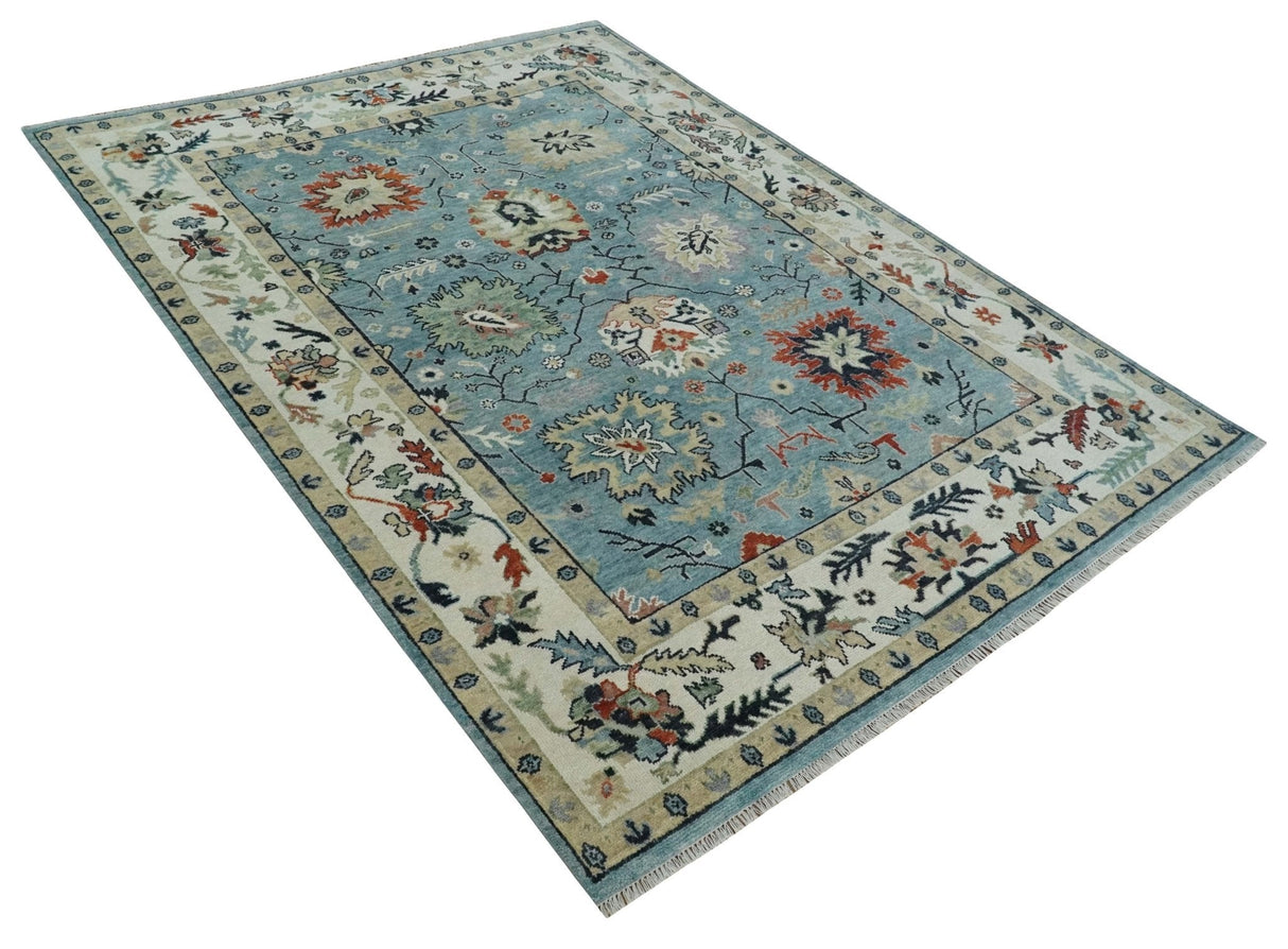 Blue, Ivory and Beige 8x10 and 9x12 Hand knotted Traditional Oushak Wool Area Rug
