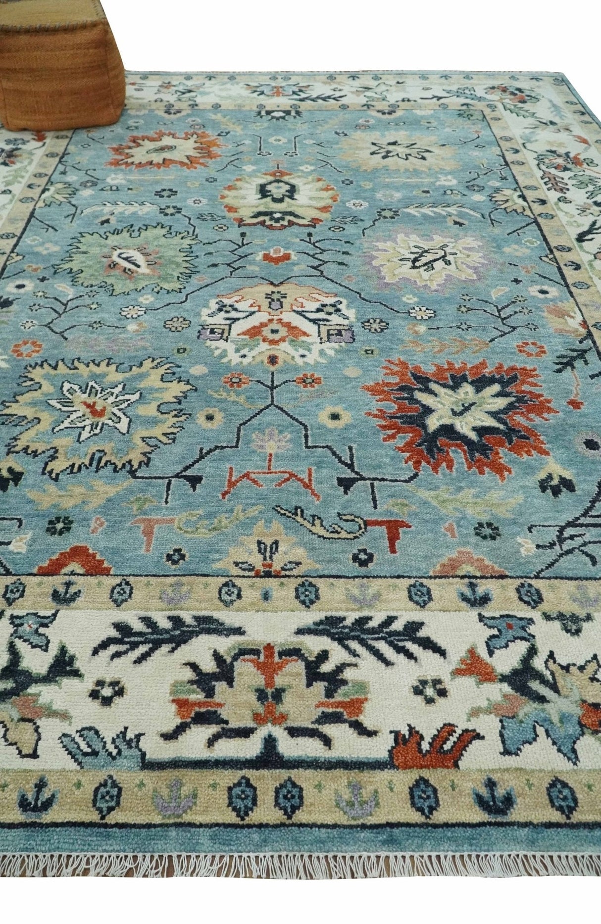 Blue, Ivory and Beige 8x10 and 9x12 Hand knotted Traditional Oushak Wool Area Rug
